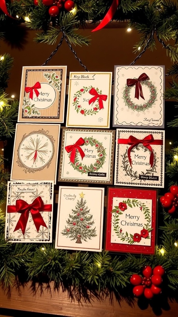 Handmade Christmas cards using Penny Black stamps, decorated with colorful designs and embellishments.